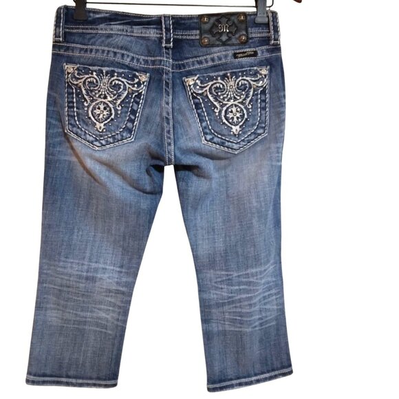 Miss Me Women Dark Wash Low Rise Capris 30 Y2Kcore Casual Comfy Distressed Jean - Picture 4 of 16